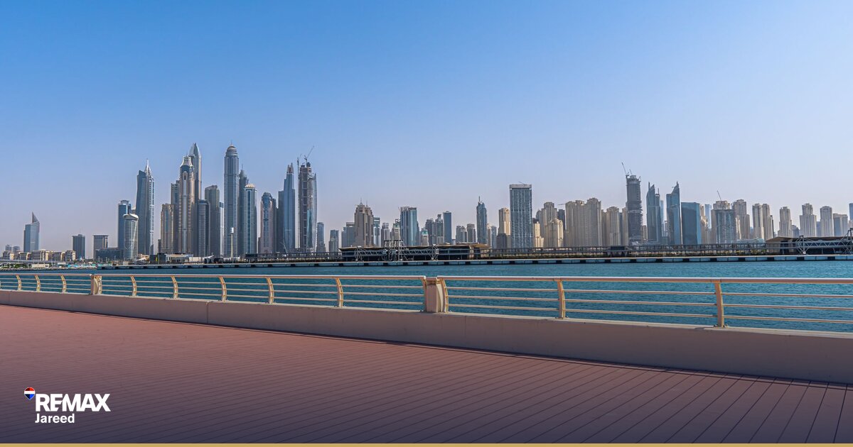 Mature landscaped residential street in Beverly Hills Sheikh Zayed compound with villas and green spaces